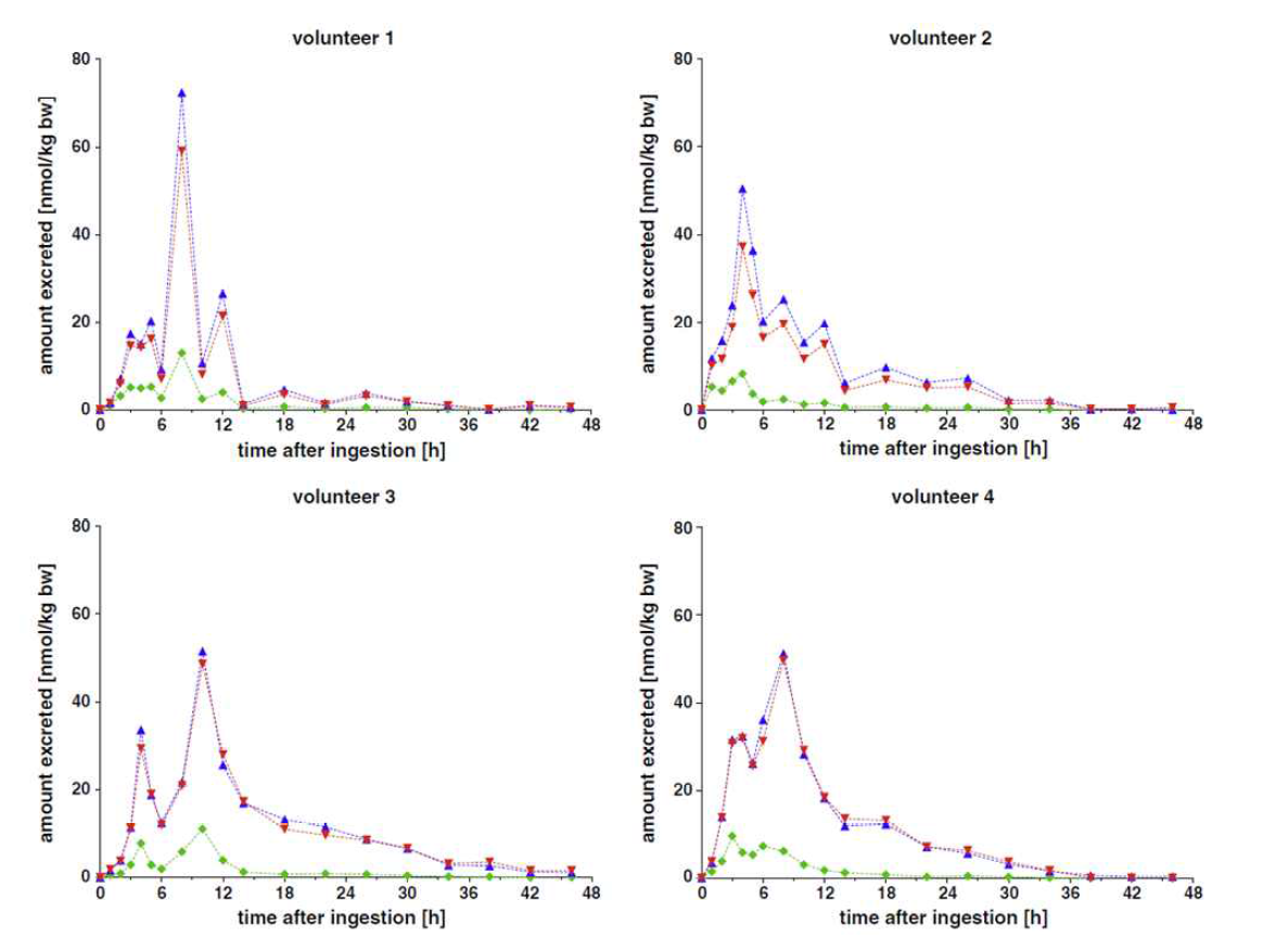 Time courses of the excretion of MEHP-D4 (◆), 5OH-MEHP-D4 (▼), and 5oxo-MEHP-D4 (▲) in urine following the ingestion of 645±20 μg DEHP-D4/kg body weight (mean±standard deviation, n=4). Symbols: measured data; broken lines connect symbols.