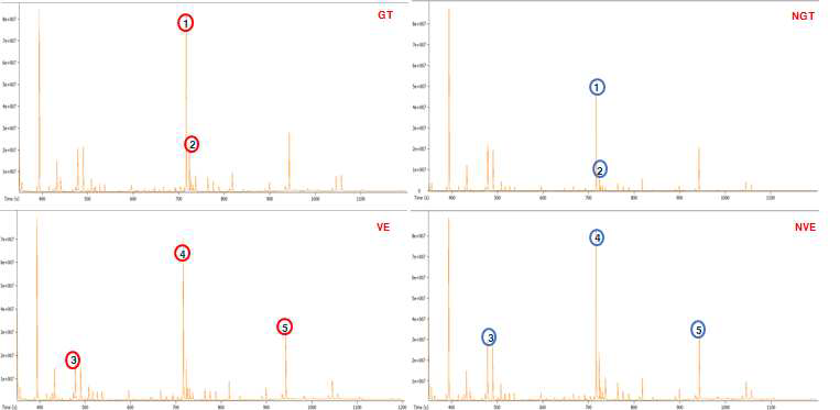 GC/TOFMS total ion chromatogram of GT, NGT, VE and NVE