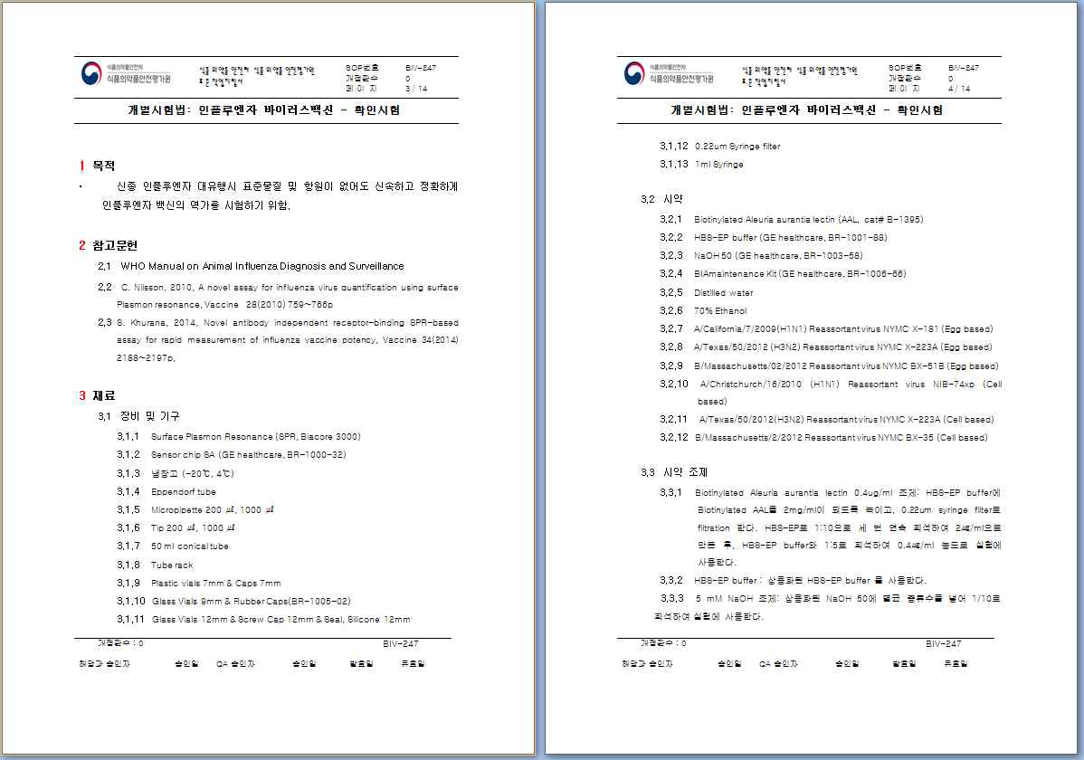 표면플라즈몬공명을 이용한 인플루엔자 백신의 역가시험법에 관한 표준작업지침서(SOP)