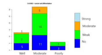 CCRT 치료 후 생존한 암세포의 분화도 와 CACNG3 발현 사이에는 뚜렷한 상관관계가 없음(p=0.7979)