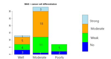 CCRT 치료 후 생존한 암세포의 분화도와 MAG 발 현 사이에 뚜렷한 상관관계가 있으며 분화가 나쁠수록 MAG발 현이 감소함(p =0.02025)