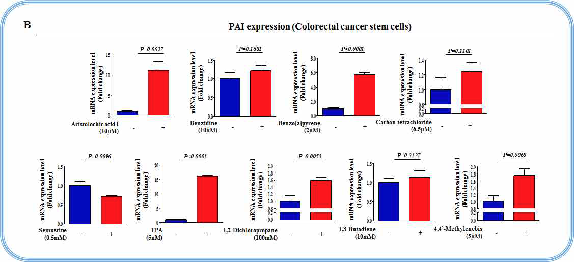대장암 줄기세포에서 9개 독성 및 발암 물질에 대한 PAI의 반응성 검증