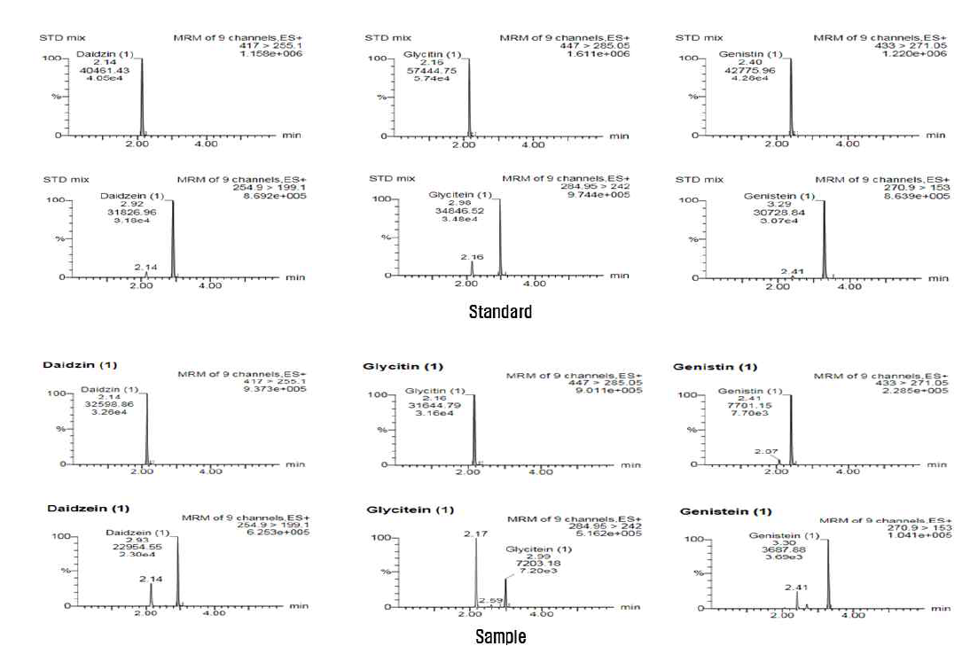 대두이소플라본 표준품 및 표본시료의 크로마토그램