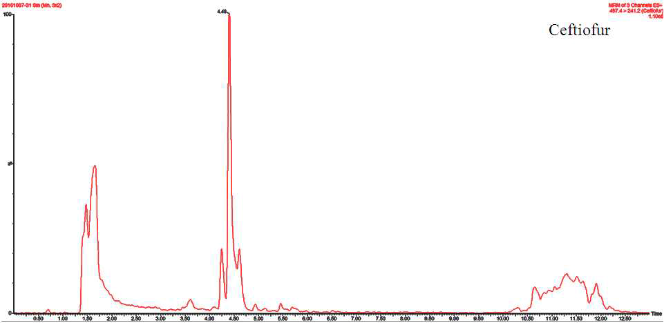 Chromatogram of Ceftiofur (Desfuroyl Ceftiofur Acetamide) standards at MRL conc. in Flatfish sample.