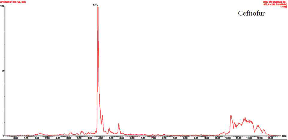 Chromatogram of Ceftiofur (Desfuroyl Ceftiofur Acetamide) MRL recovery test in Shrimp sample.