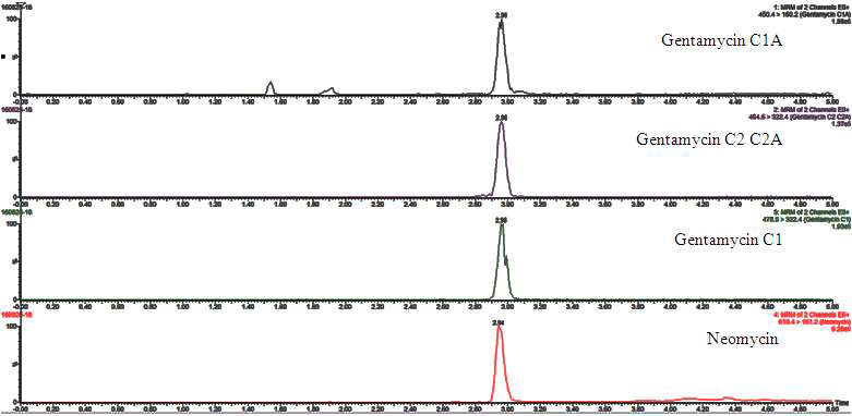 Chromatograms of Gentamicin and Neomycin standards at MRL conc. in Shrimp extracted solution.