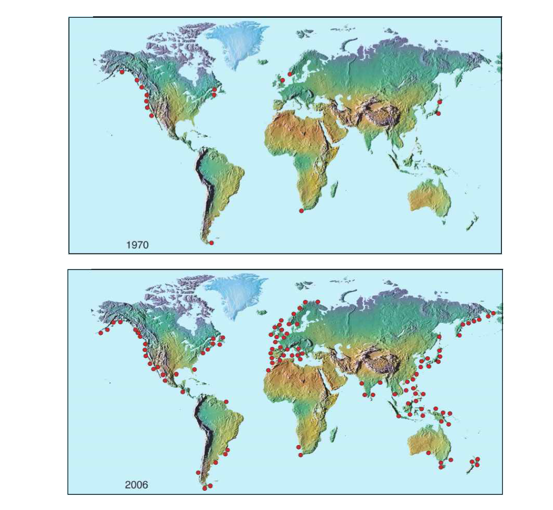 World HAB (Harmful Algae Blooms) toxin map (PSP in 1970 vs 2006)