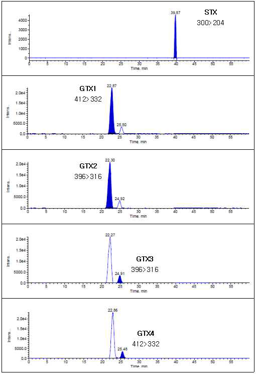 HPLC-MS/MS chromatograms showing the separation of the PSP toxins(80∼246 ng/mL standard solution in styela clava) in the positive ion mode.