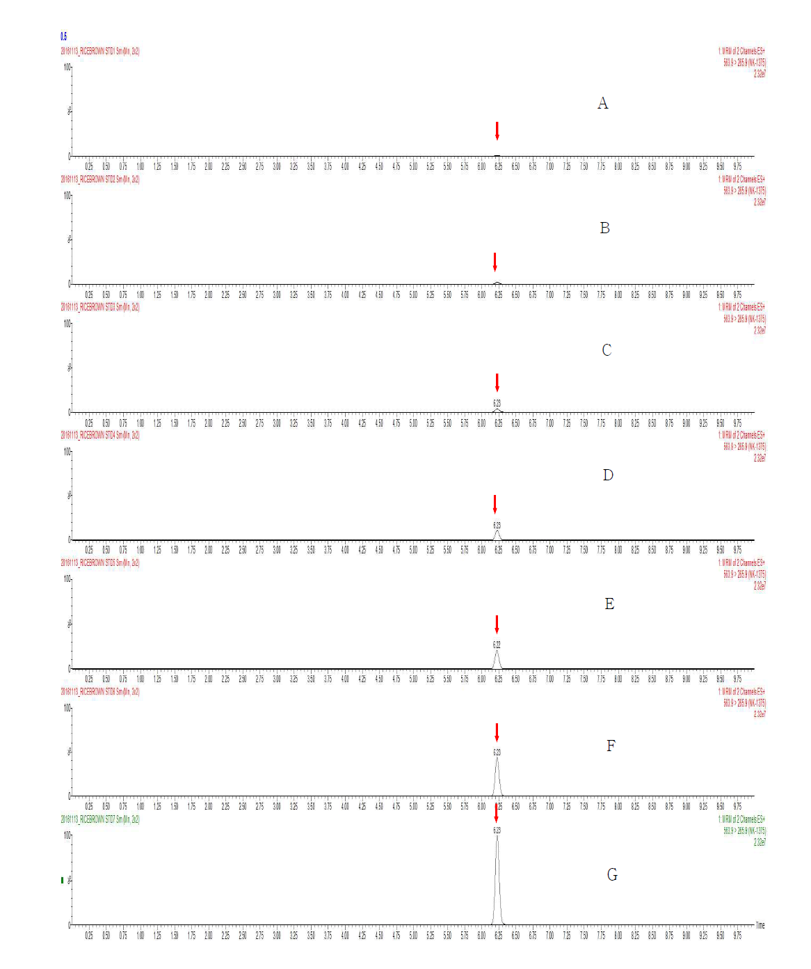 LC-MS/MS chromatograms of NK-1375 standard in hulled rice matrix (A) 0.005 mg/kg, (B) 0.01 mg/kg, (C) 0.02 mg/kg, (D) 0.05 mg/kg, (E) 0.1 mg/kg, (F) 0.2 mg/kg, and (G) 0.5 mg/kg