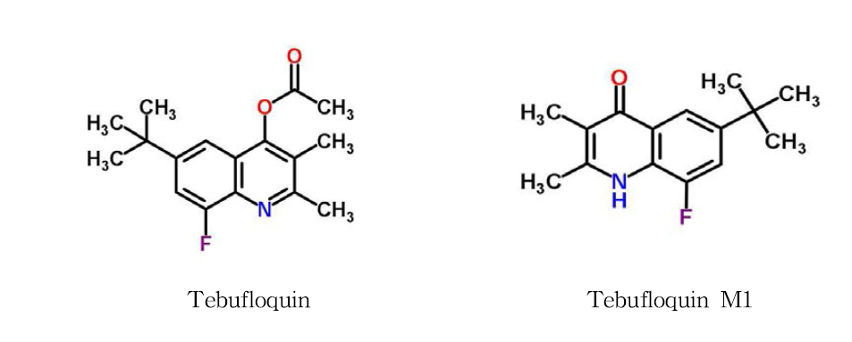Molecular structure of tebufloquin and tebufloquin M1