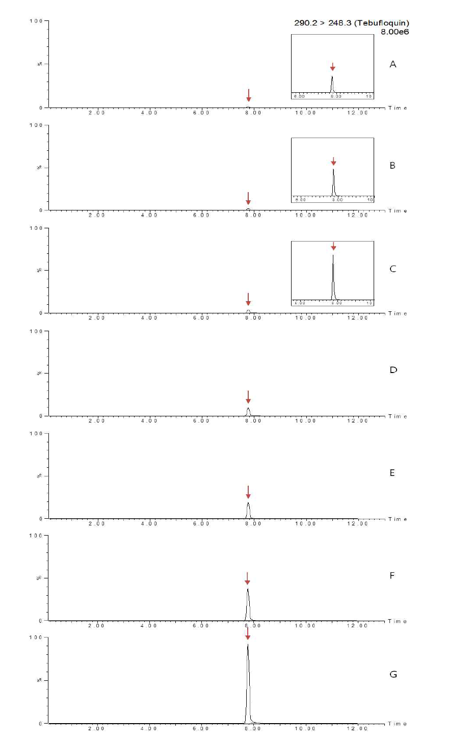 LC-MS/MS chromatograms of tebufloquin standard in hulled rice matrix (A) 0.005 mg/kg, (B) 0.01 mg/kg, (C) 0.02 mg/kg, (D) 0.05 mg/kg, (E) 0.1 mg/kg, (F) 0.2 mg/kg and (G) 0.5 mg/kg