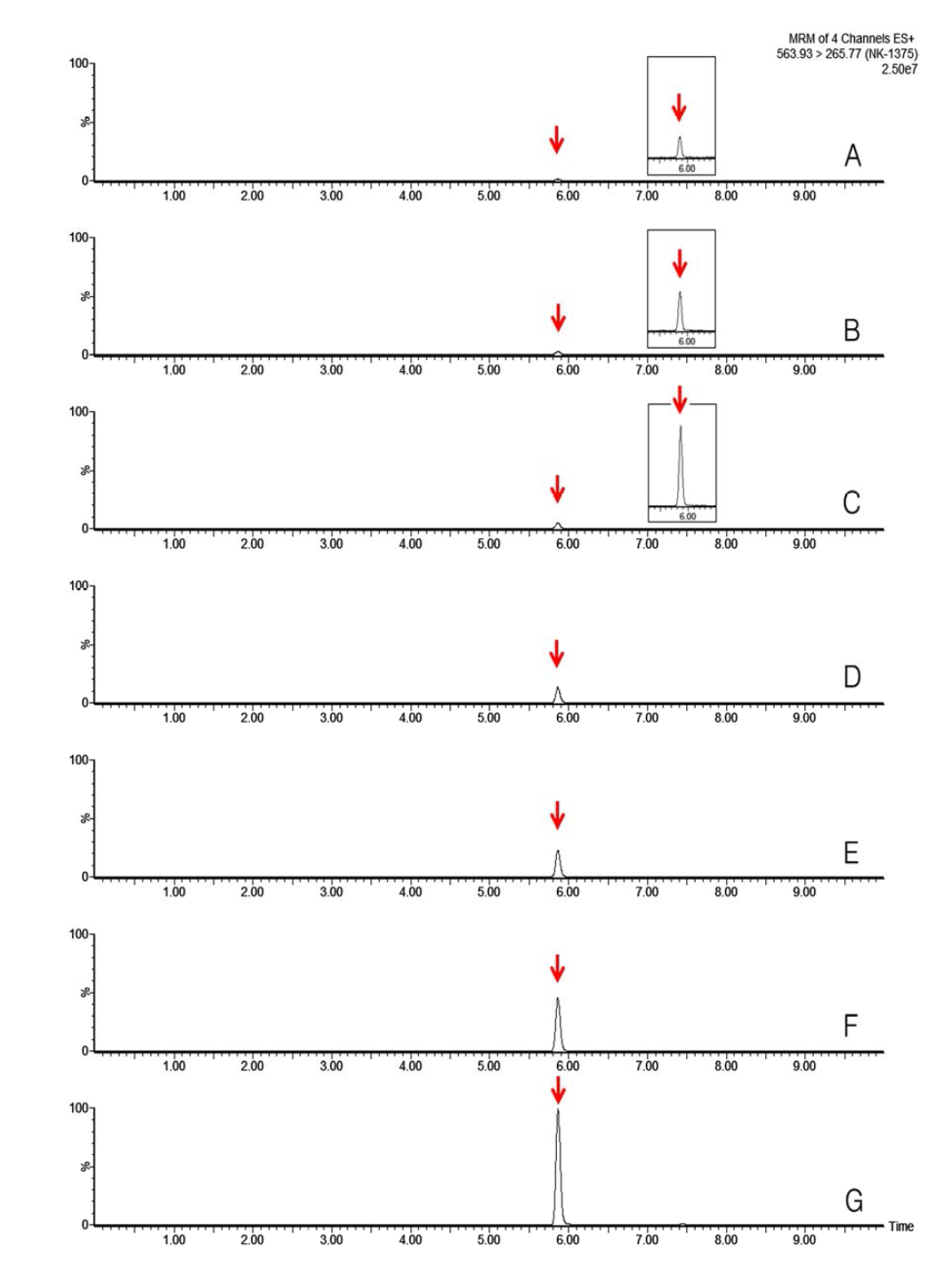 LC-MS/MS chromatograms of NK-1375 standard in pepper matrix (A) 0.005 mg/kg, (B) 0.01 mg/kg, (C) 0.02 mg/kg, (D) 0.05 mg/kg, (E) 0.1 mg/kg, (F) 0.2 mg/kg and (G) 0.5 mg/kg