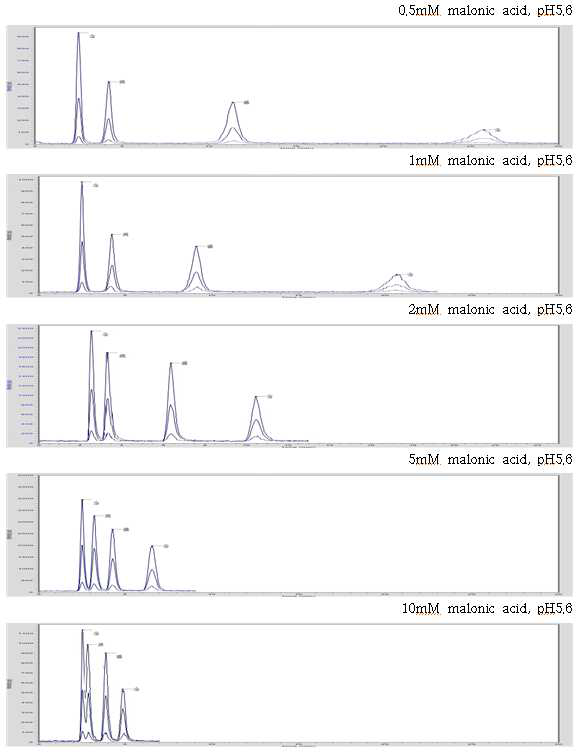 비소4종 STD(1,5,10μg/kg)의 malonic acid 몰농도에 따른 차이