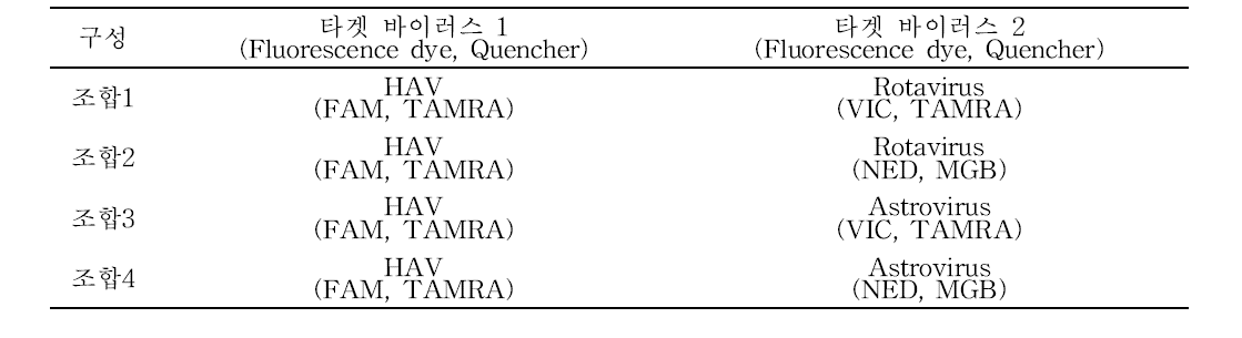 Duplex real time PCR내 타겟 바이러스 종류와 probe의 fluorescence dye, quencher구성