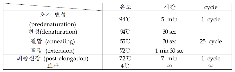 노로바이러스 Semi-nested PCR 반응조건 및 온도