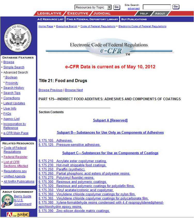 미국 e-CFR의 규정.