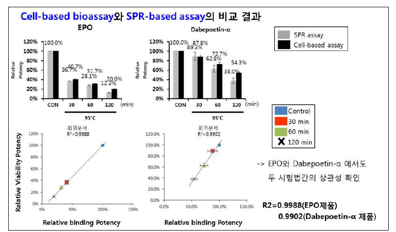 EPO 제품과 다베포에틴 제품에 대한 세포기반 역가시험과 SPR assay 결과 비교