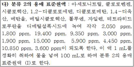 대한민국약전 잔류용매시험법 잔류용매 분류 2A 표준용액 조제법