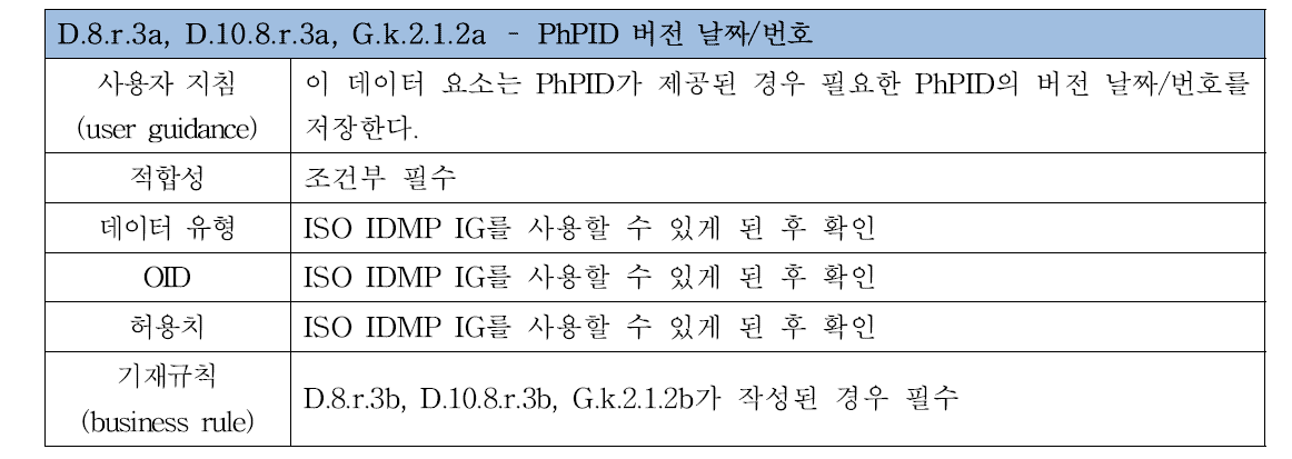 PhPID 버전 날짜/번호 데이터 요소(D.8.r.3a, D.10.8.r.3a, G.k.2.1.2a)
