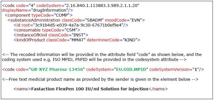 코드화된 의약품 정보에 대한 XML Snippet