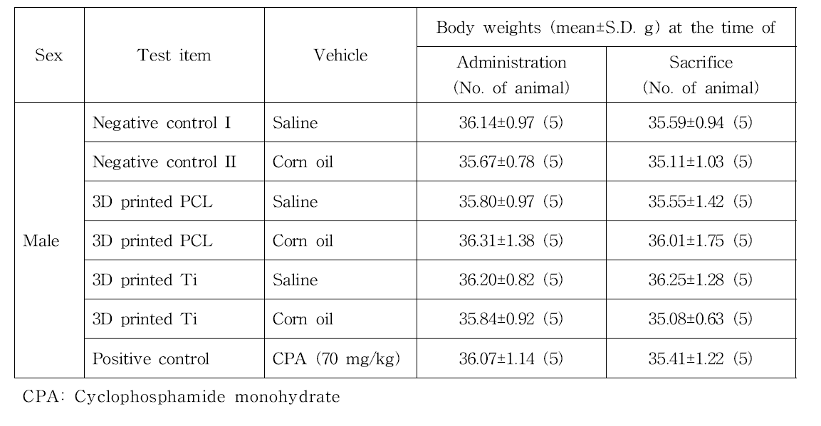 Body weights of animals (Group summary)