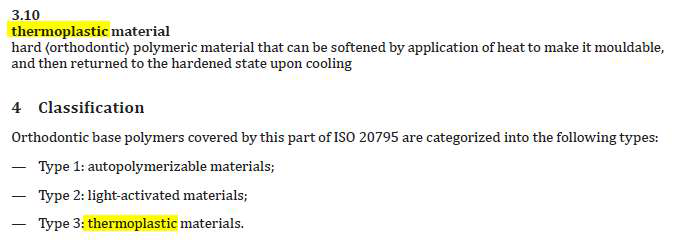 ISO 20795-2 : 2013, Dentistry-Base polymers –Part 2: Orthodontic base polymers의 3.10