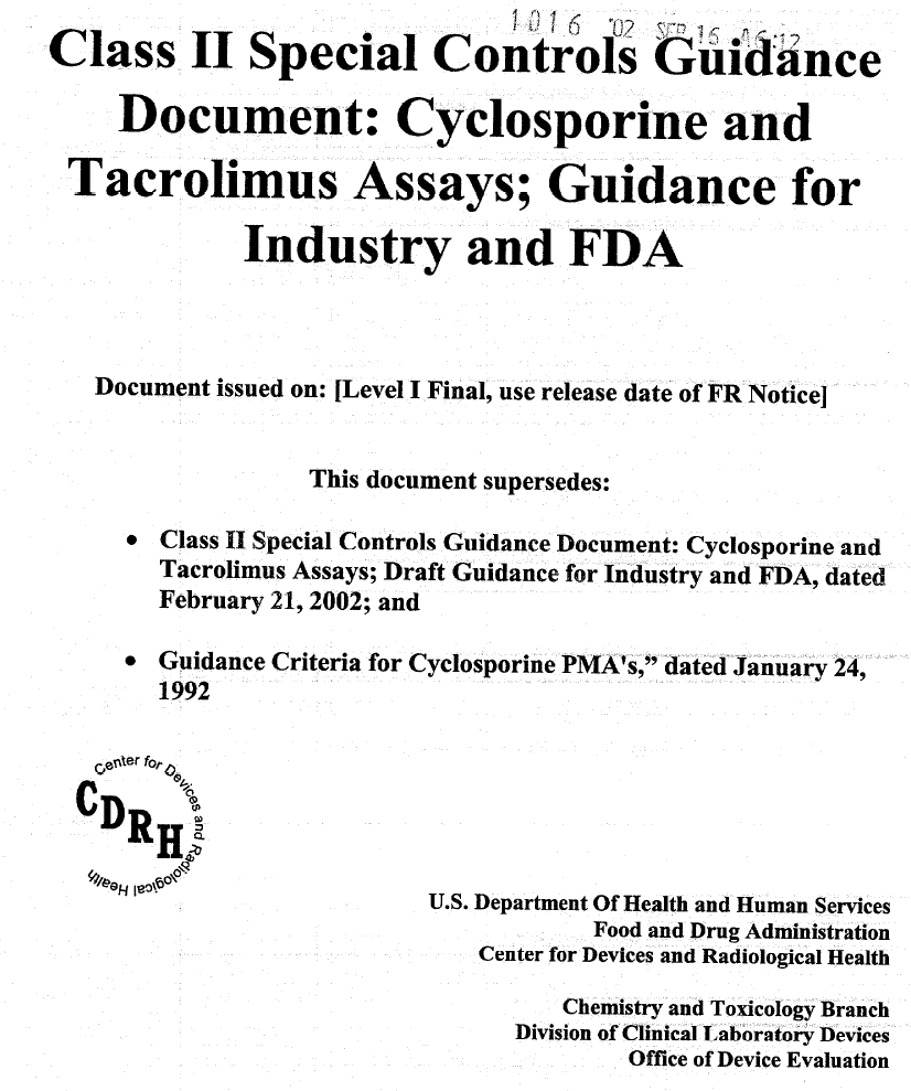 2002년 발간된 cyclosporine and tacrolimus 관련 FDA 가이드라인