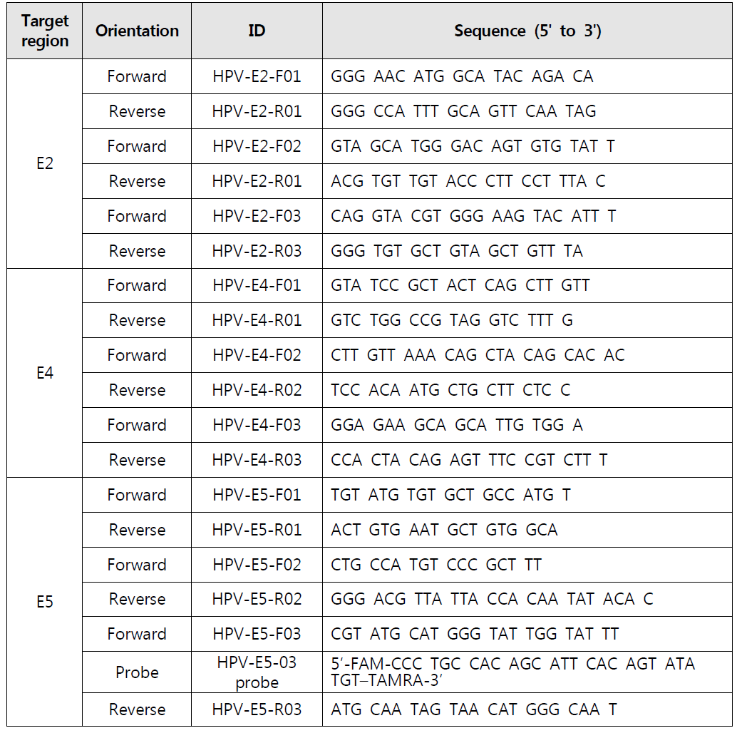 E2, E4 와 E5의 각 유전자 특이적 프라이머 쌍의 염기서열
