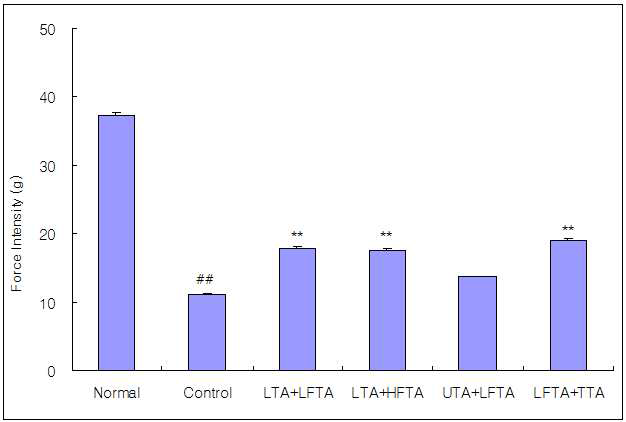 Effect of simultaneous stimulation on the force intensity at the 3rd treatment in pain model rat induced tibial and sural nerve transection.