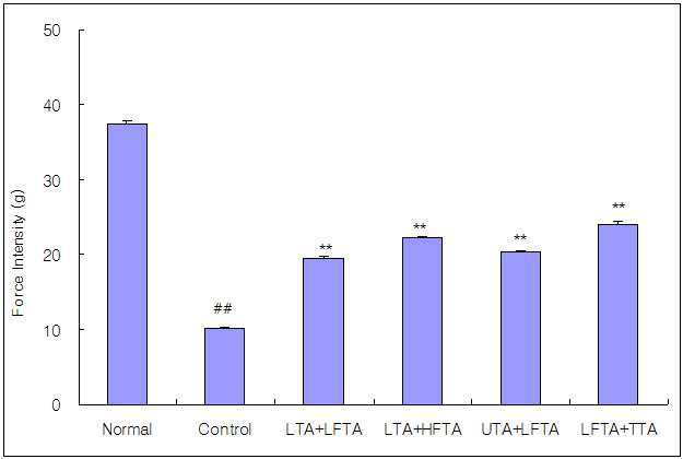 Effect of simultaneous stimulation on the force intensity at the 4rd treatment in pain model rat induced tibial and sural nerve transection.