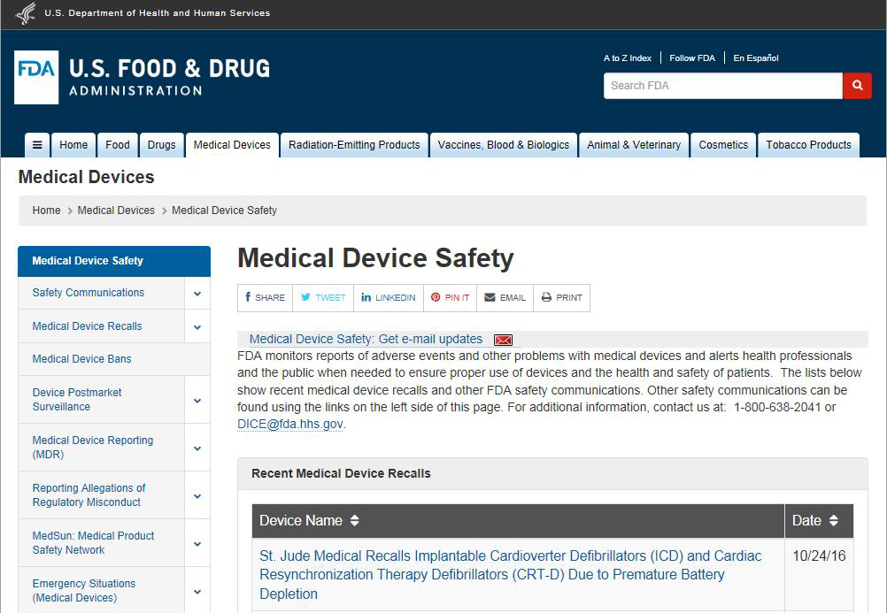 US FDA medical device safety 화면