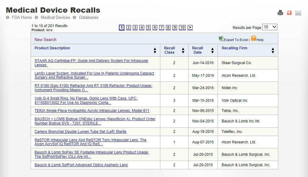 US FDA Recall 검색 결과 화면