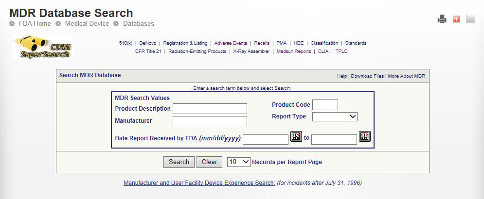 US FDA MDR 검색화면