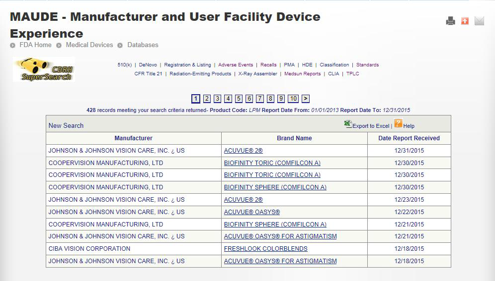 US FDA MAUDE 검색결과화면