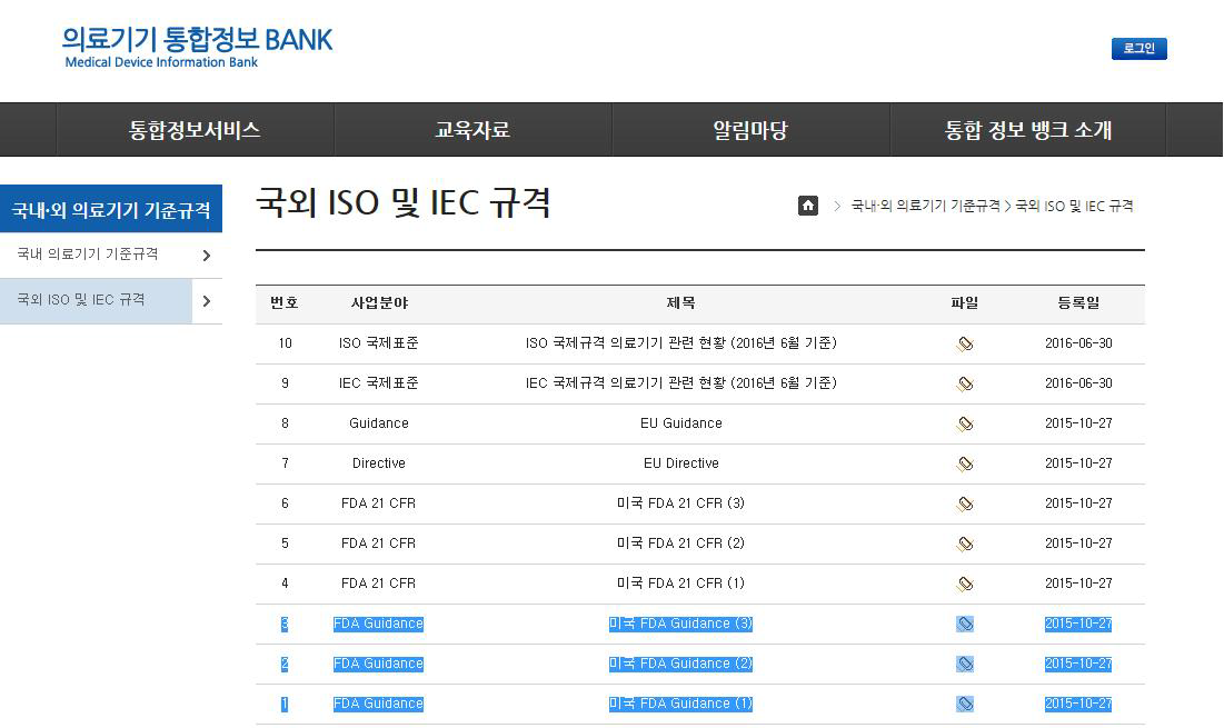 의료기기통합정보BANK-국외ISO 및 IEC규격 화면