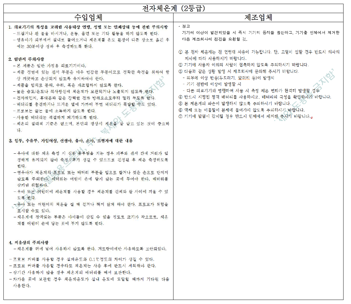 전자체온계의 허가된 사용시 주의사항 비교