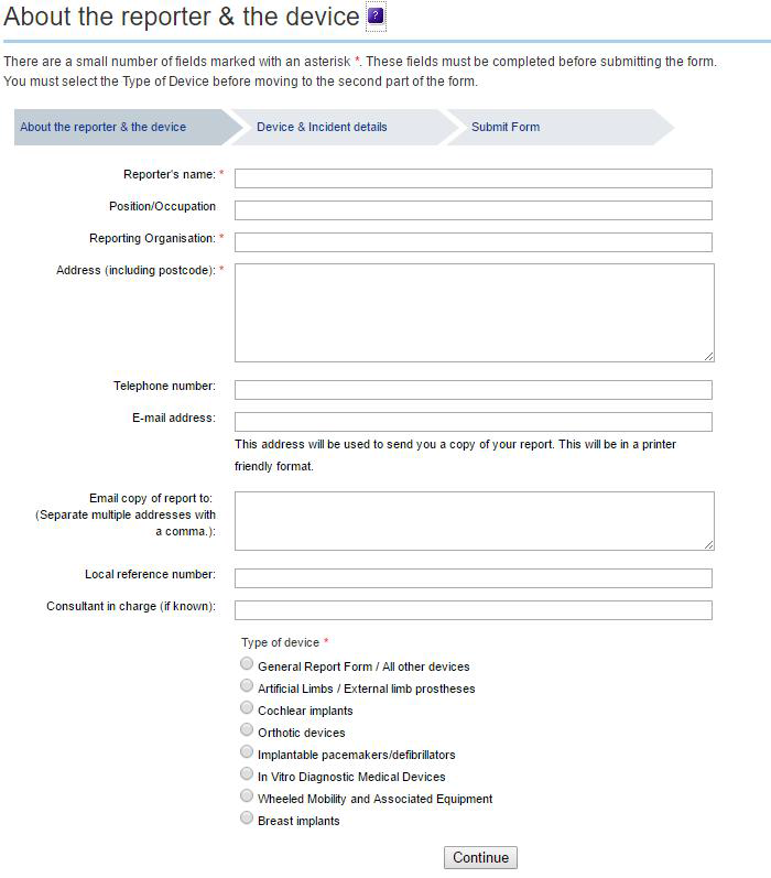 MHRA Submit form (reporter and device)