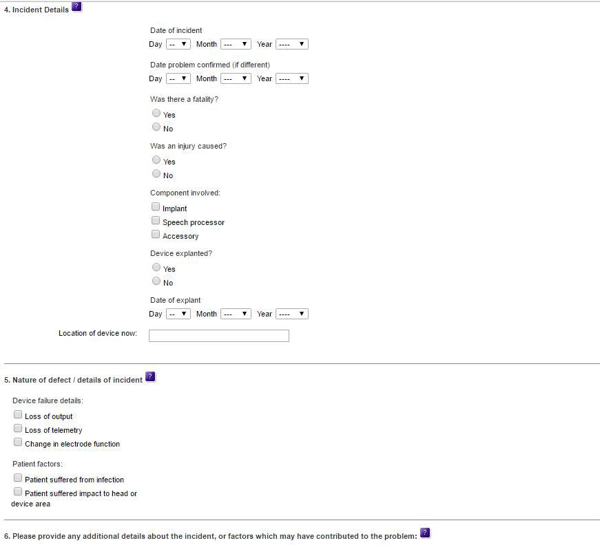 MHRA Submit form (device and incident details)