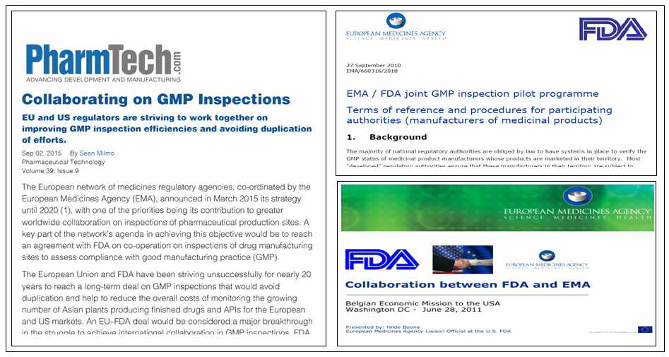GMP 실사에 대해 효율성을 기하고자 FDA와 EMA에서 협력하고 있는 활동을 전하고 있는 기사들.