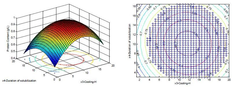 Surface response profile and sweet spot plot (cooling time and solubilization duration)