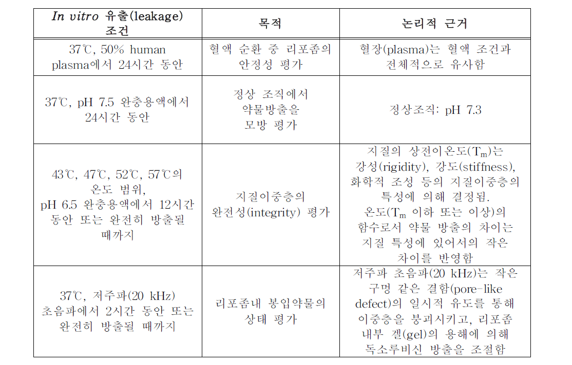 암포테리신 B 리포좀제제의 in vitro 유출(leakage) 조건의 예