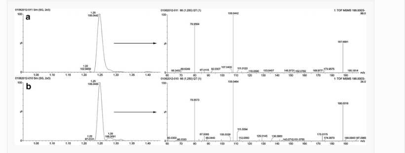 The identification of 2-aminophenol sulfate in ESI – where a is the chromatogram and corresponding MS/MS spectra of the sample spiked with 2-aminophenol sulfate and b is the chromatogram and corresponding MS/MS spectra of the non-spiked sample