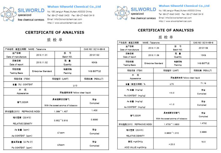 Silworld For Imp, Exp & Trading Agencies 사로부터 송부된 타바논 원료 (10% 원료: 좌측, 70% 원료: 우측)의 품질보증서 (Certificate of Analysis).