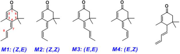 Tabanone (megastigmatrienone)을 구성하는 5개의 이성질체.