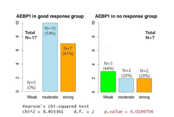 인플리시맙 치료에 대한 반응정도와 AEBP1 발현정도 간의 관계. 인플리시맙 치료에 잘 반응하는 환자군의 장점막세포에서 AEBP1이 중간이상으로 높게 발현됨을 확인할 수 있음.
