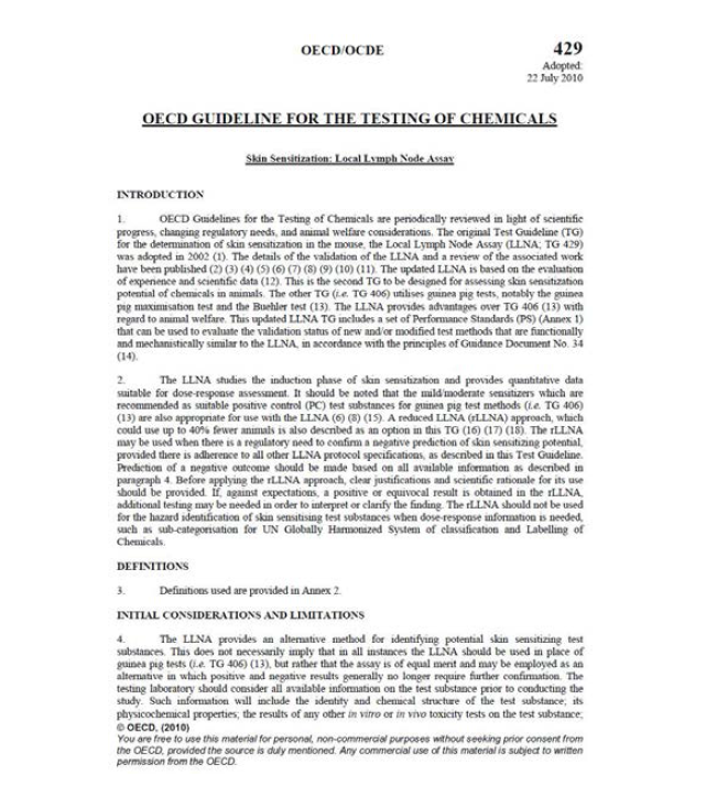 OECD TG429 skin sensitization: Local Lymph Node Assay (LLNA) (2010년 7월)