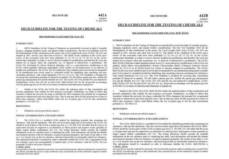 OECD TG442A OECD skin sensitization: LLNA: DA 및 OECD TG442B OECD skin sensitization: LLNA: BrdU-ELISA (2010년 7월)