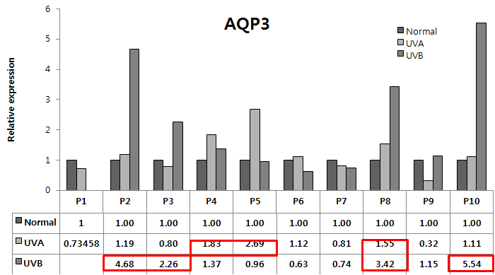 광독성 피부조직에서 AQP3 mRNA 발현변화율