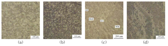 SEM으로 촬영된 미세구조 사진 (a) 일반강재 SS400 (b) 용접열에 의한 변형 (c) 열영향 영역과 용접재 접촉면 (d) 용접재