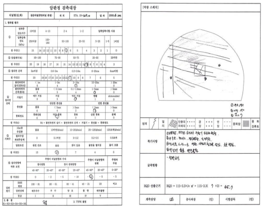 도로터널 굴진면지질조사 시트 사례